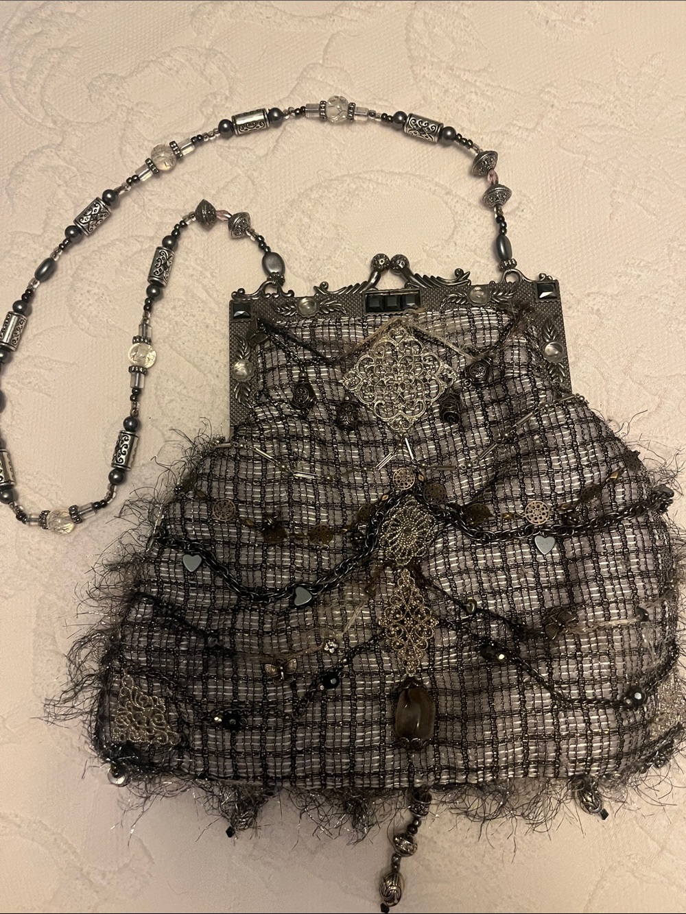 Mary Frances Vintage-Inspired Black and Gray Beaded Evening Bag metallic accents